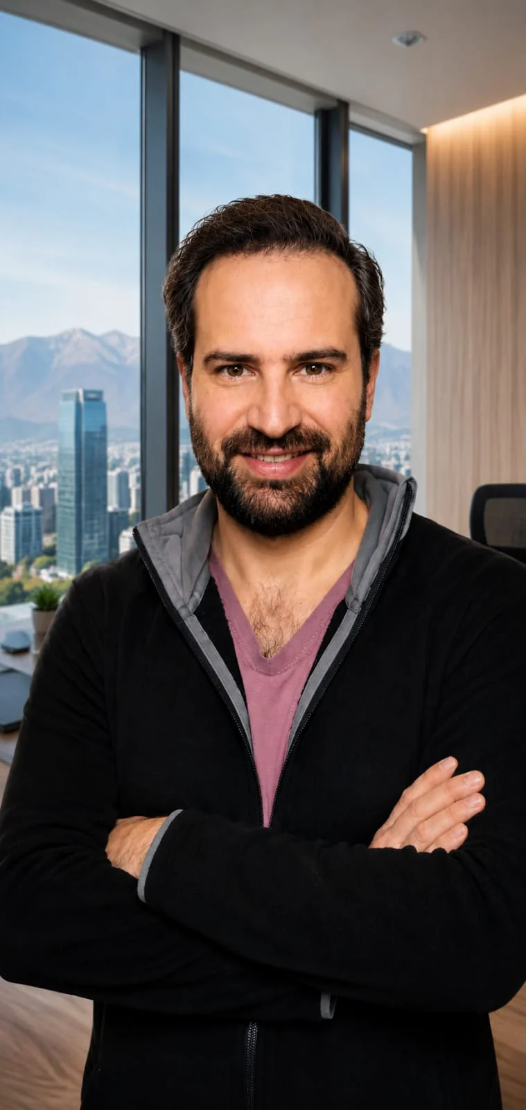 Portrait of Santiago Díaz de Valdés Williamson in a Santiago office, Andes mountains and city skyline visible through the window