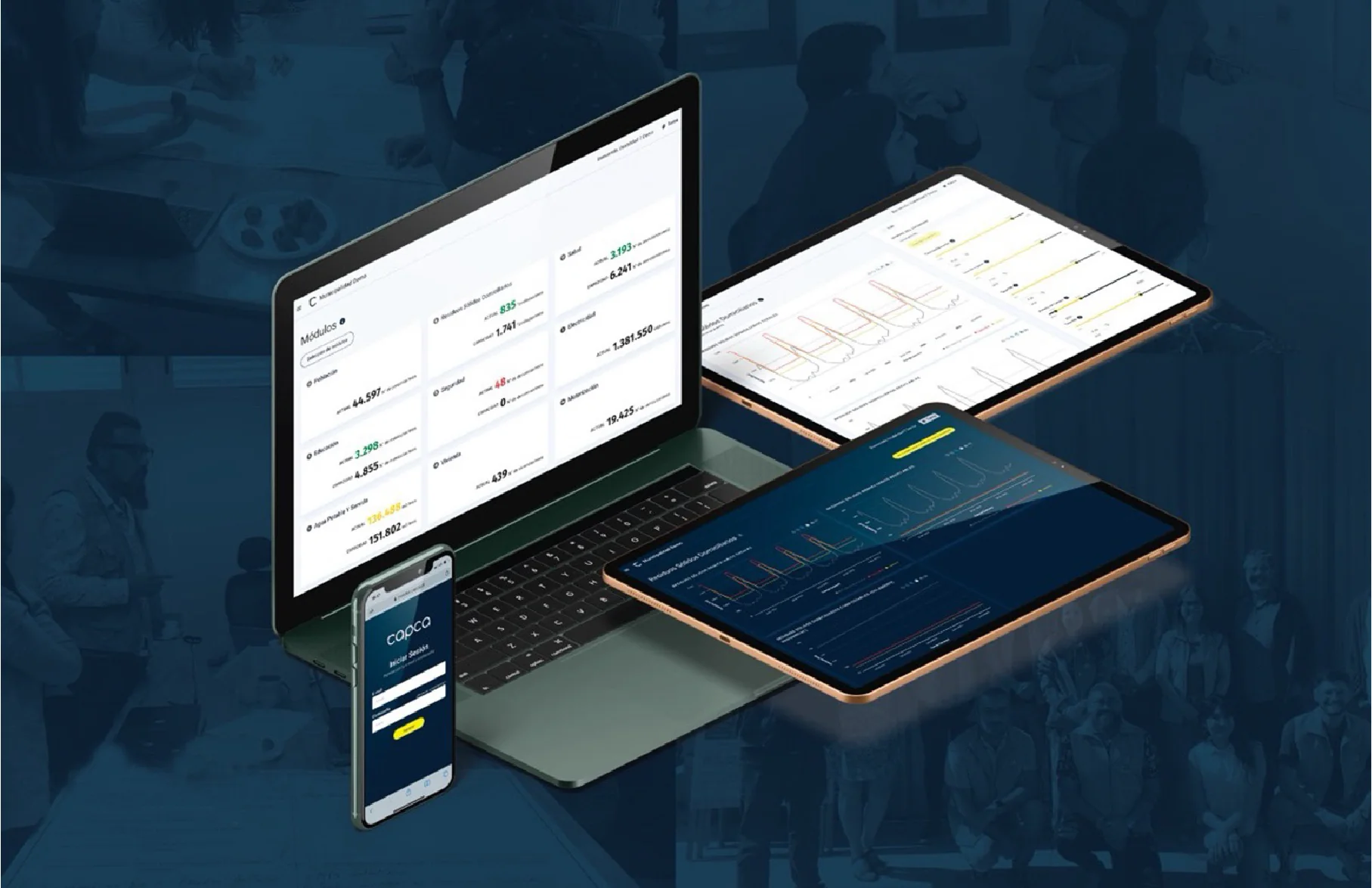 CAPCA dashboard shown across laptop, tablet and mobile.