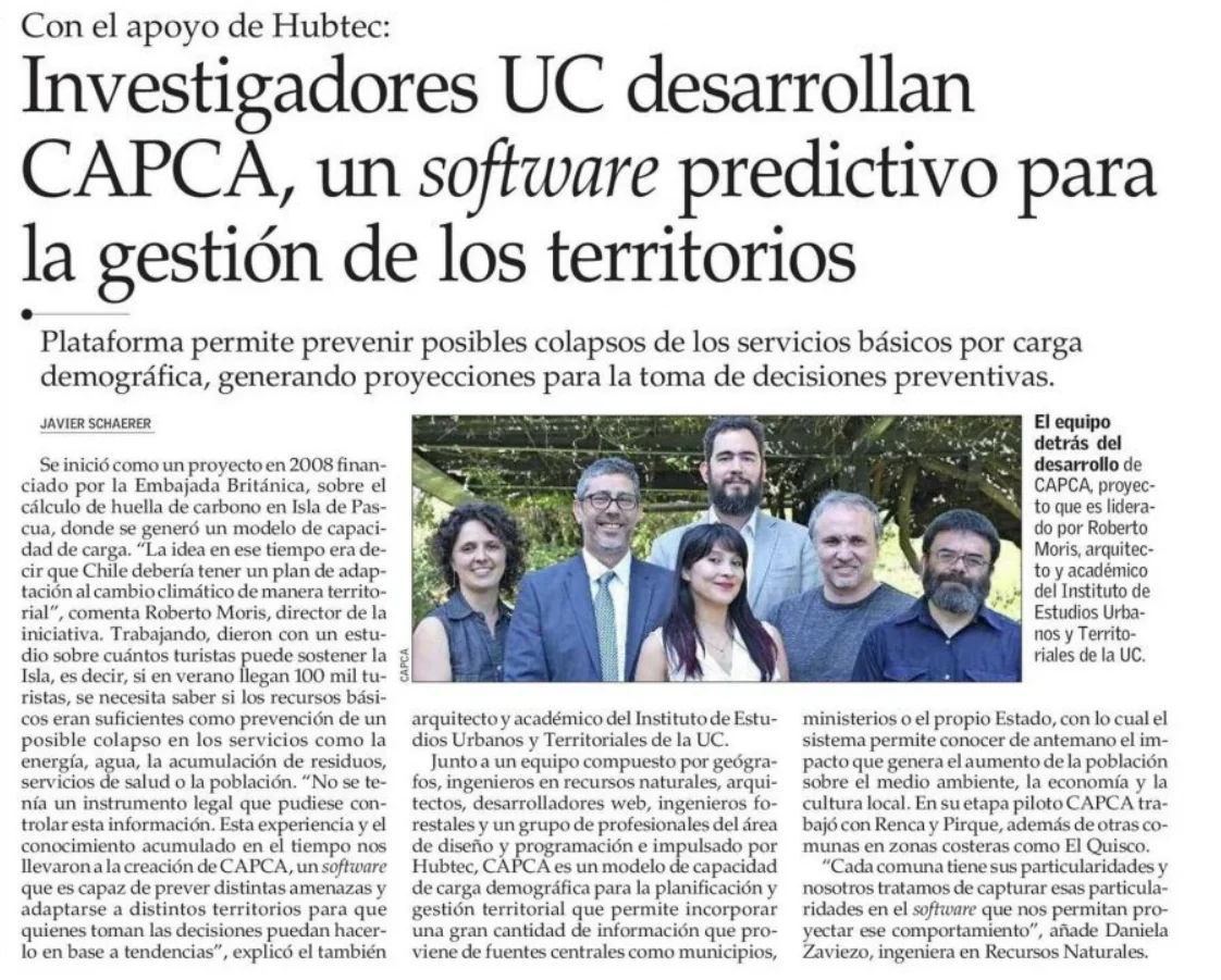 El Mercurio newspaper clipping headlined "Investigadores UC desarrollan CAPCA, un software predictivo para la gestión de los territorios" featuring a photo of the research team around Prof. Roberto Moris.
