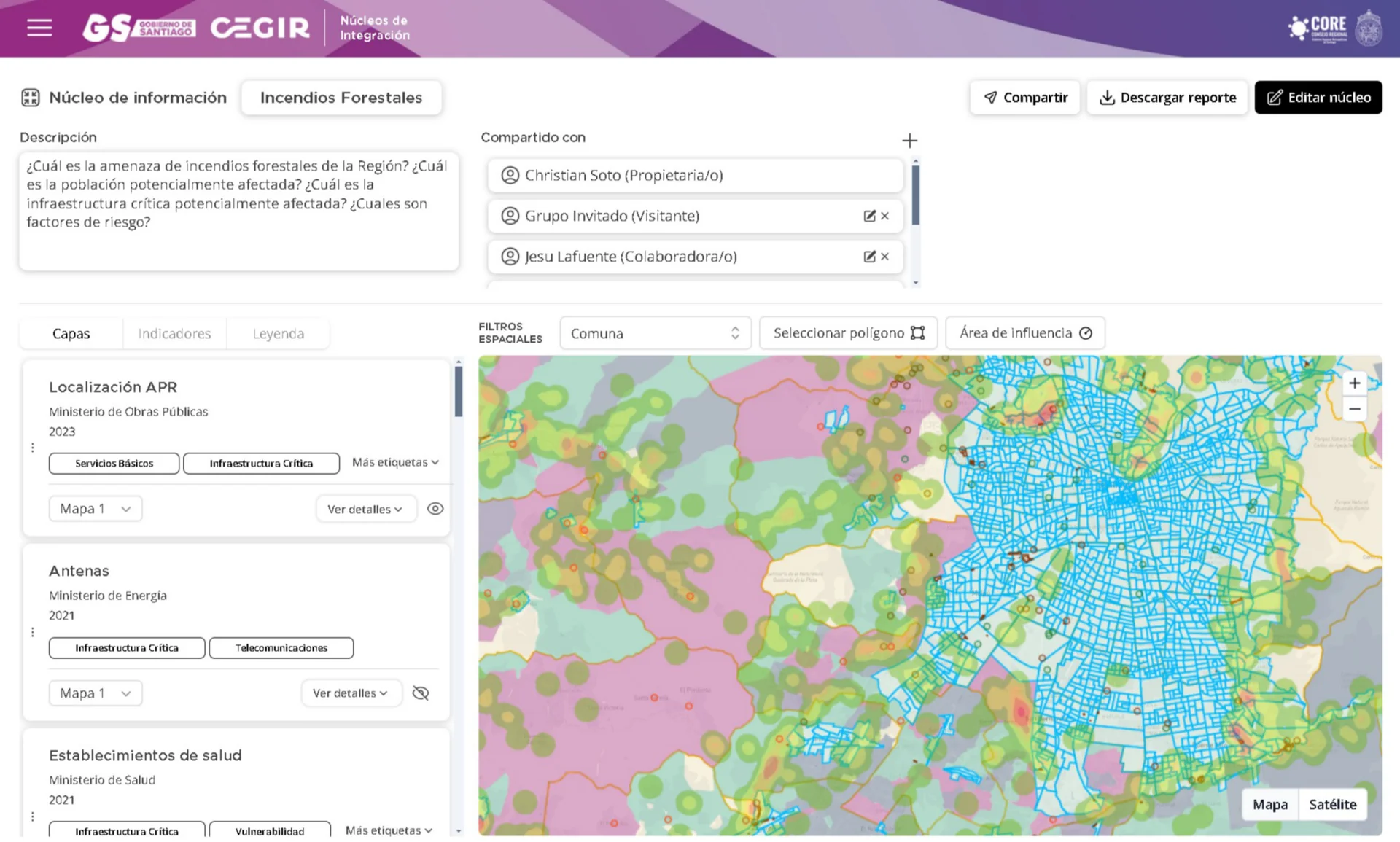 Núcleos de Integración app showing the Incendios Forestales núcleo — left panel with stacked ministry layers, right panel with a thematic map of the Metropolitan Region.