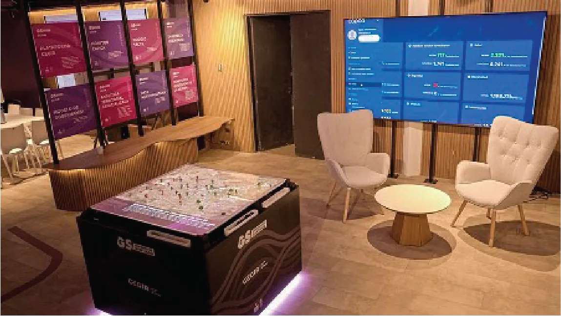 Overview of the Sala CEGIR: tactile Modelo Táctil table at center, backlit CEGIR product panels on the left wall, and a large analytics dashboard on the right wall with lounge seating.